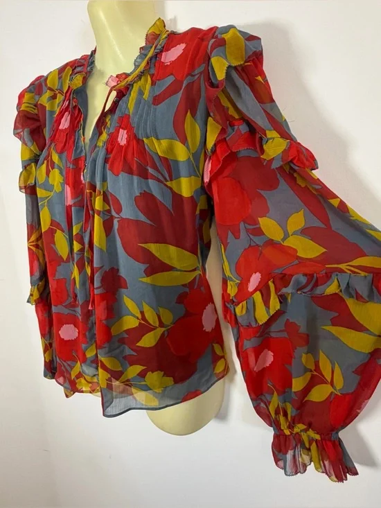 Karlie Evan Blue Ruffle Top with Red and Yellow Floral Print - Picture 6 of 9